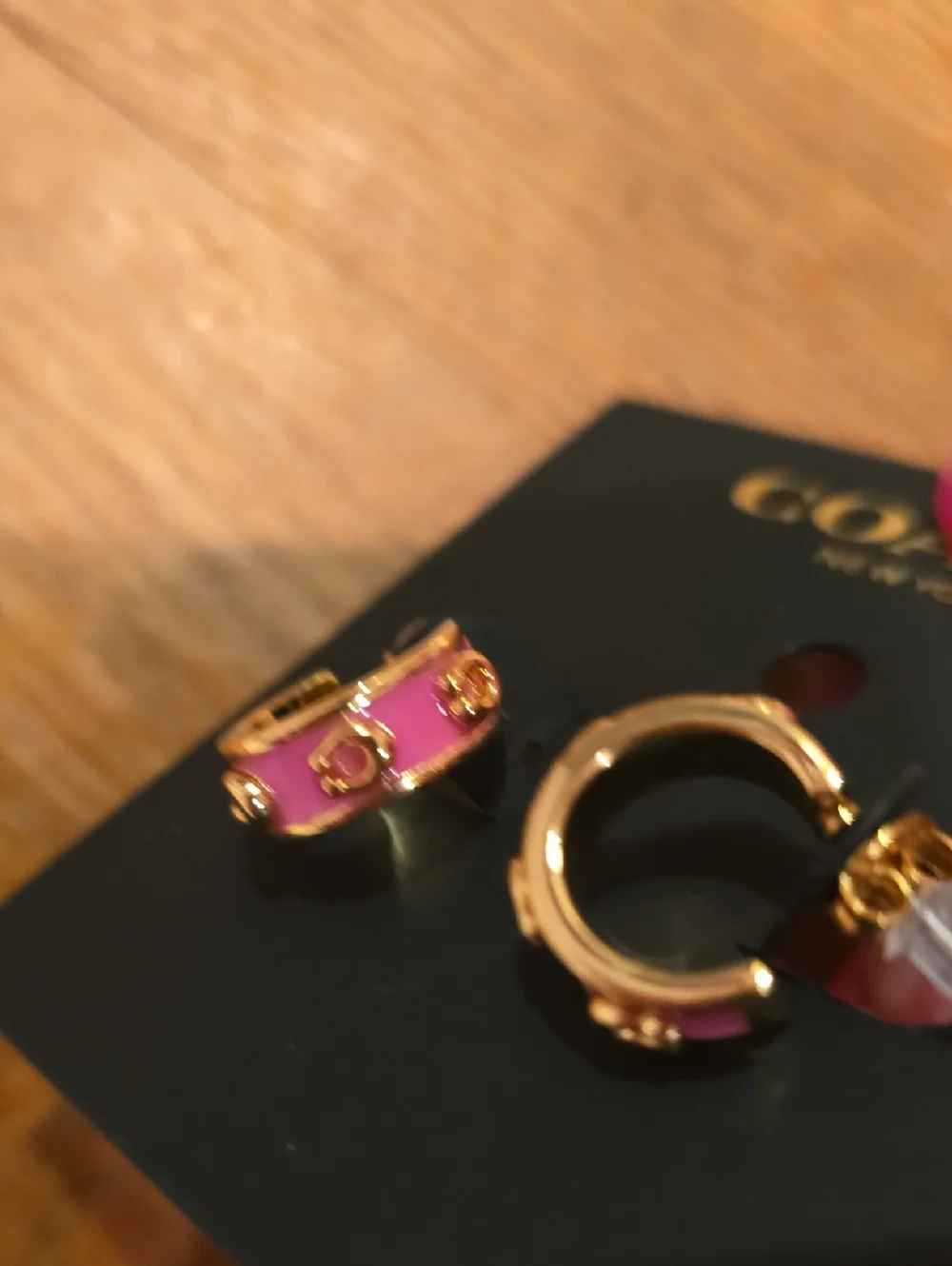 COACH Pink Enamel and Gold Tone Accent Hoop Earrings & Dustbag - Picture 3 of 4